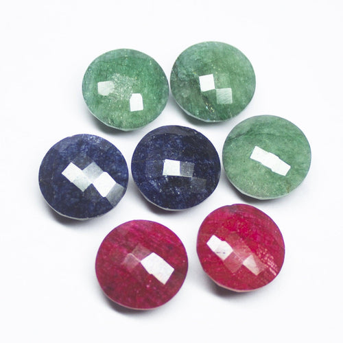 7pc, Natural Ruby Emerald Blue Sapphire Checker Cut Round Briolette Loose Gemstone Lot, Ruby, Emerald, Sapphire - Jalvi & Co.