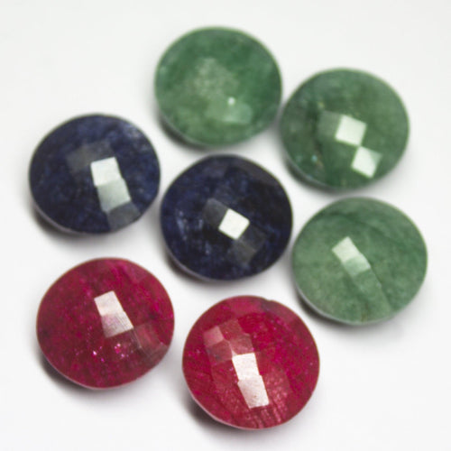 7pc, Natural Ruby Emerald Blue Sapphire Checker Cut Round Briolette Loose Gemstone Lot, Ruby, Emerald, Sapphire - Jalvi & Co.