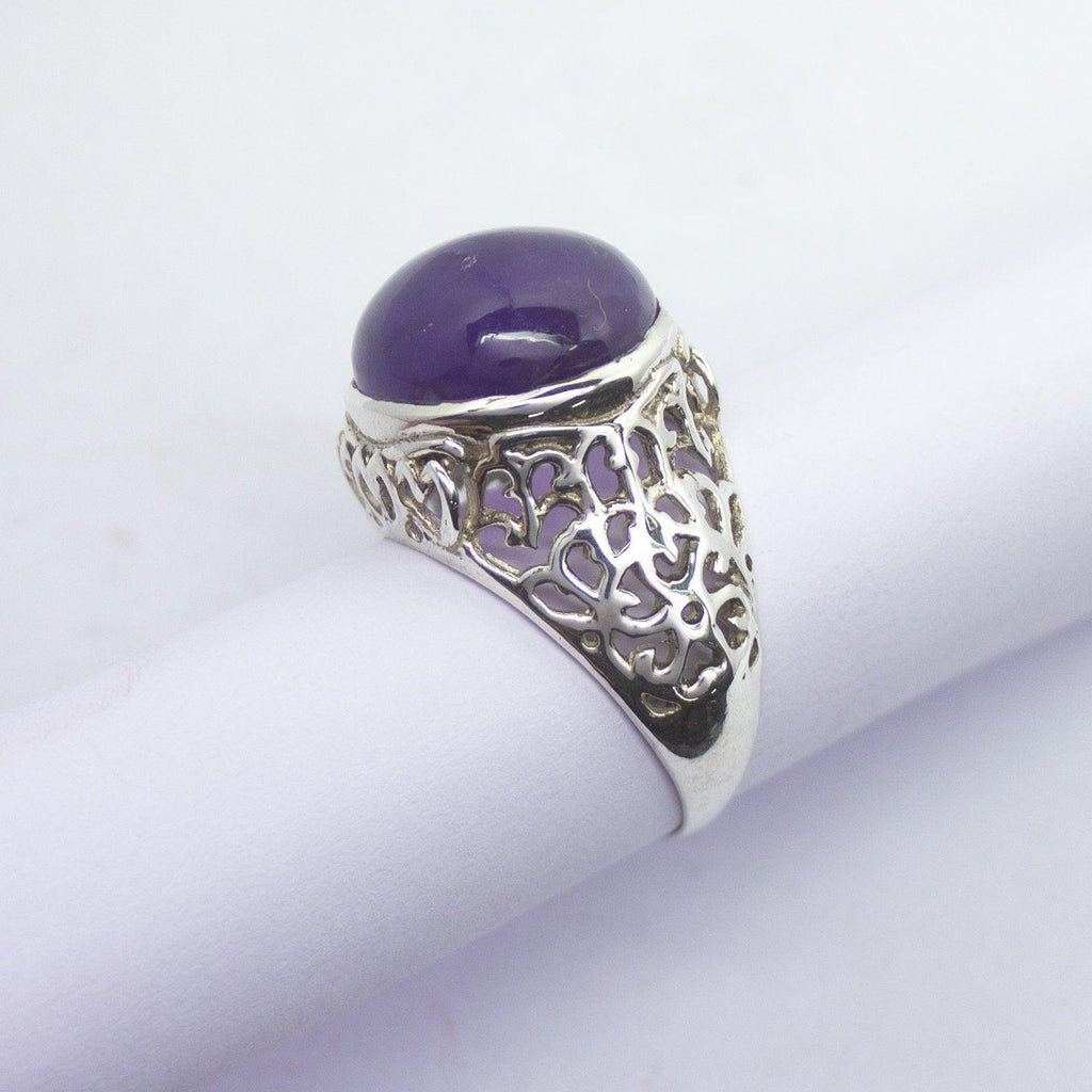 8.66g, Handmade Natural Purple Amethyst Round Cabochon 925 Sterling Silver Ring - Jalvi & Co.