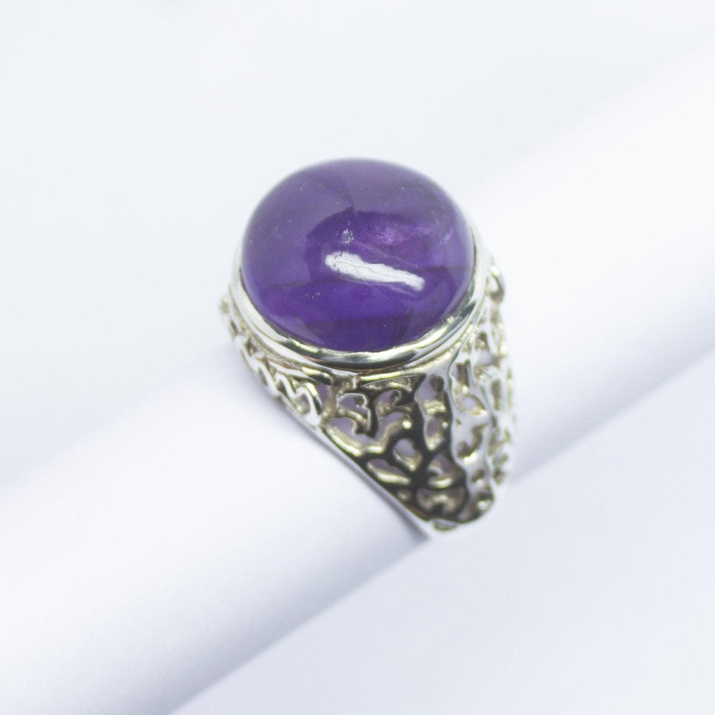 8.66g, Handmade Natural Purple Amethyst Round Cabochon 925 Sterling Silver Ring - Jalvi & Co.