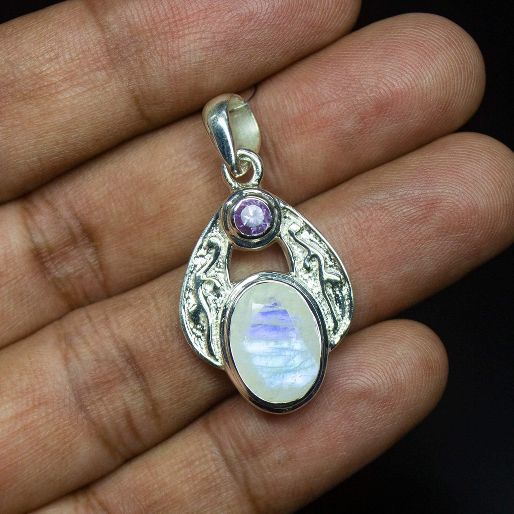 8.6gm Natural Moonstone Amethyst Fancy Shape 925 Sterling Silver Bezel Pendant, Moonstone Pendant - Jalvi & Co.