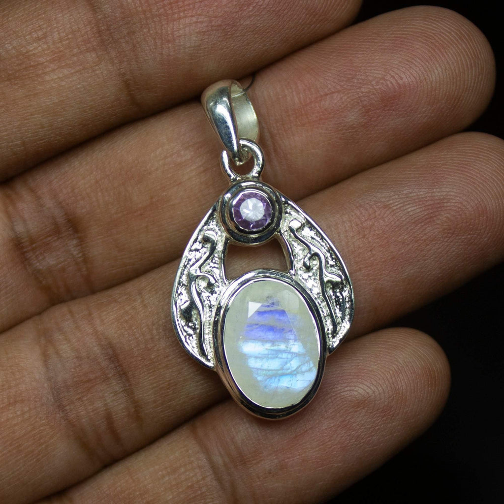 8.6gm Natural Moonstone Amethyst Fancy Shape 925 Sterling Silver Bezel Pendant, Moonstone Pendant - Jalvi & Co.