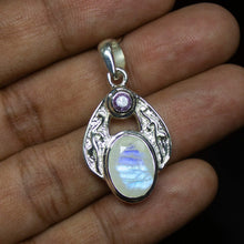 Load image into Gallery viewer, 8.6gm Natural Moonstone Amethyst Fancy Shape 925 Sterling Silver Bezel Pendant, Moonstone Pendant - Jalvi &amp; Co.