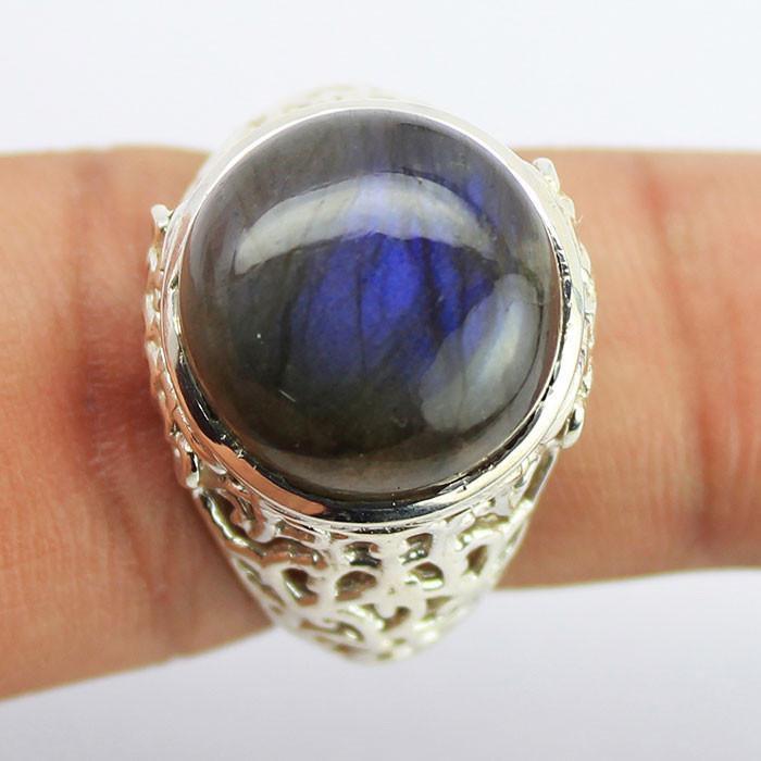 8.75g, Handmade Natural Labradorite Designer Round 925 Sterling Silver Ring, Labradorite Ring - Jalvi & Co.