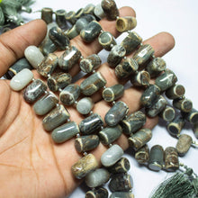 Load image into Gallery viewer, 8 inch, 17mm, Moss Agate Smooth Bullet Shape Briolette Gemstone Beads Strand, Agate Beads - Jalvi &amp; Co.