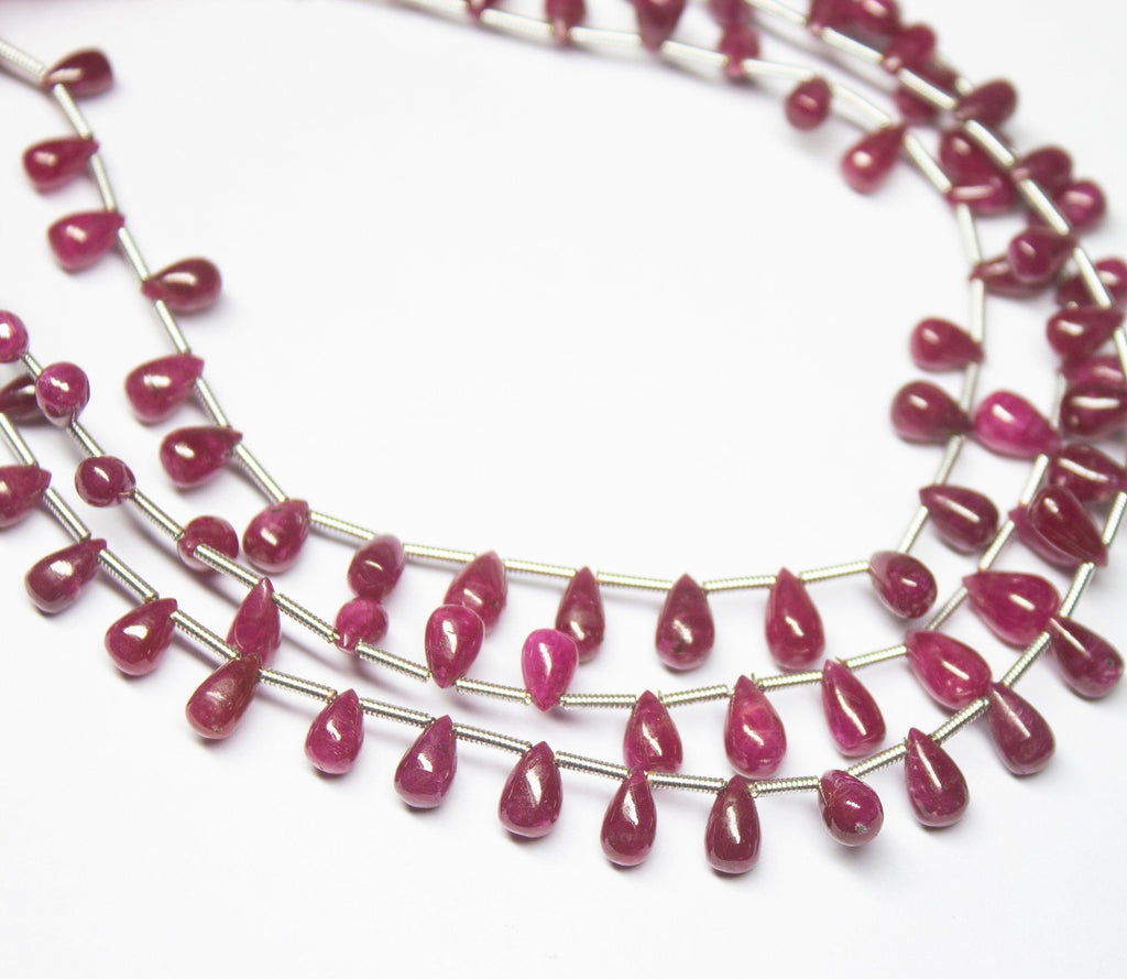 8 inch, 6-8mm, Untreated Longido Ruby Smooth Teardrop Briolette Shape Gemstone Beads - Jalvi & Co.