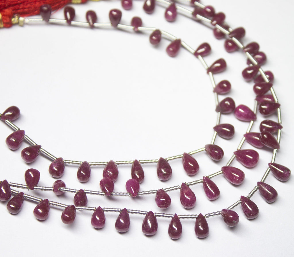 8 inch, 6-8mm, Untreated Longido Ruby Smooth Teardrop Briolette Shape Gemstone Beads - Jalvi & Co.