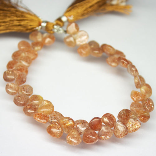 8 inch, 7mm 9mm, Natural Sunstone Smooth Heart Briolette Shape Beads Strand, Sunstone Beads - Jalvi & Co.