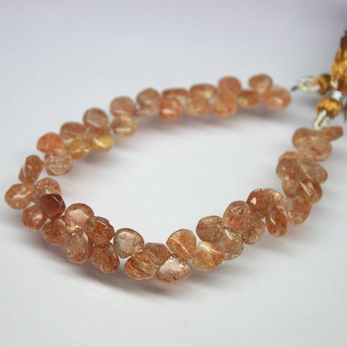 8 inch, 7mm 9mm, Natural Sunstone Smooth Heart Briolette Shape Beads Strand, Sunstone Beads - Jalvi & Co.