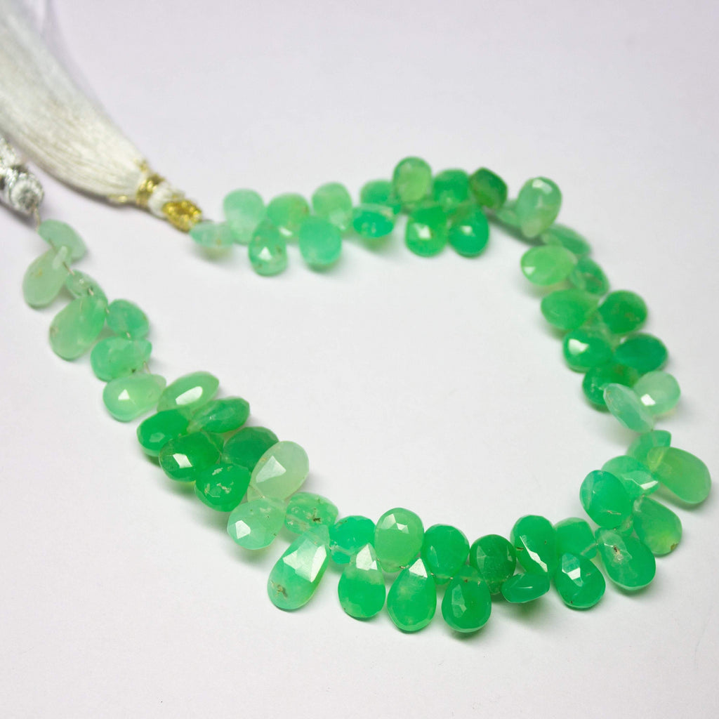 8 inch, 8-10mm, Natural Apple Green Shaded Chrysoprase Faceted Pear Drop Briolette Shape Gemstone Beads - Jalvi & Co.