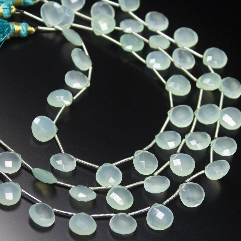 8 inch, 8mm, Natural Aqua Chalcedony Faceted Heart Drop Briolette Beads, Chalcedony Beads - Jalvi & Co.