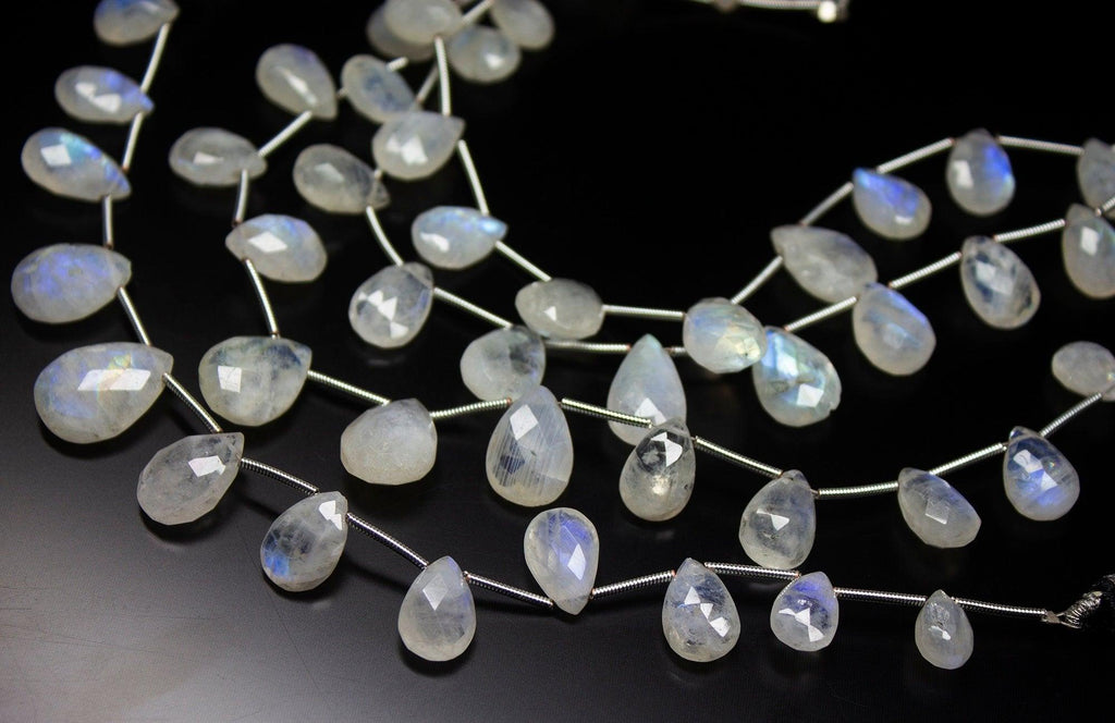 8 inch, 9-14mm, Blue Rainbow Moonstone Faceted Pear Drop Briolette Beads, Rainbow Moonstone Beads - Jalvi & Co.