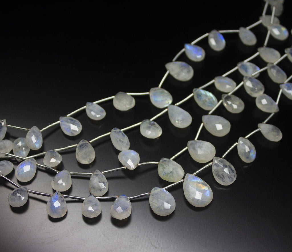 8 inch, 9-14mm, Blue Rainbow Moonstone Faceted Pear Drop Briolette Beads, Rainbow Moonstone Beads - Jalvi & Co.