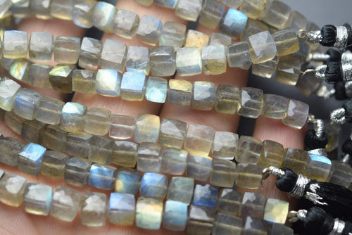 8 Inch Long Full Strand,Blue Flashy Labradorite Faceted 3D Cubes Box Beads, 6-7mm - Jalvi & Co.
