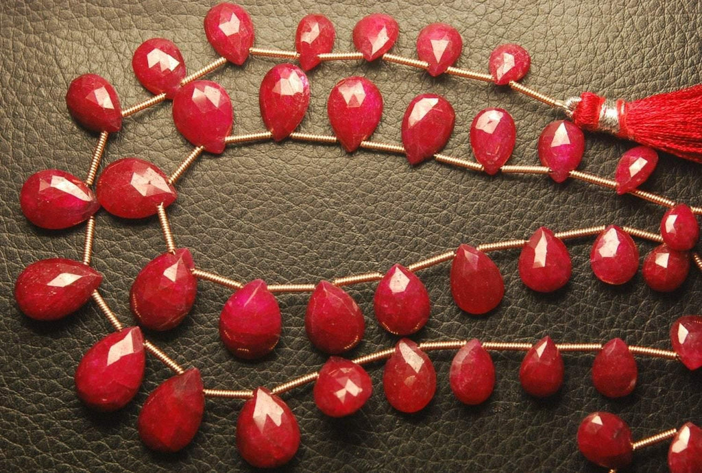 8 Inch Strand, 15 Beads,Superb-Finest Quality Aaa Quality Dyed Ruby Faceted Pear Shape Briolettes, 9-11mm Size - Jalvi & Co.