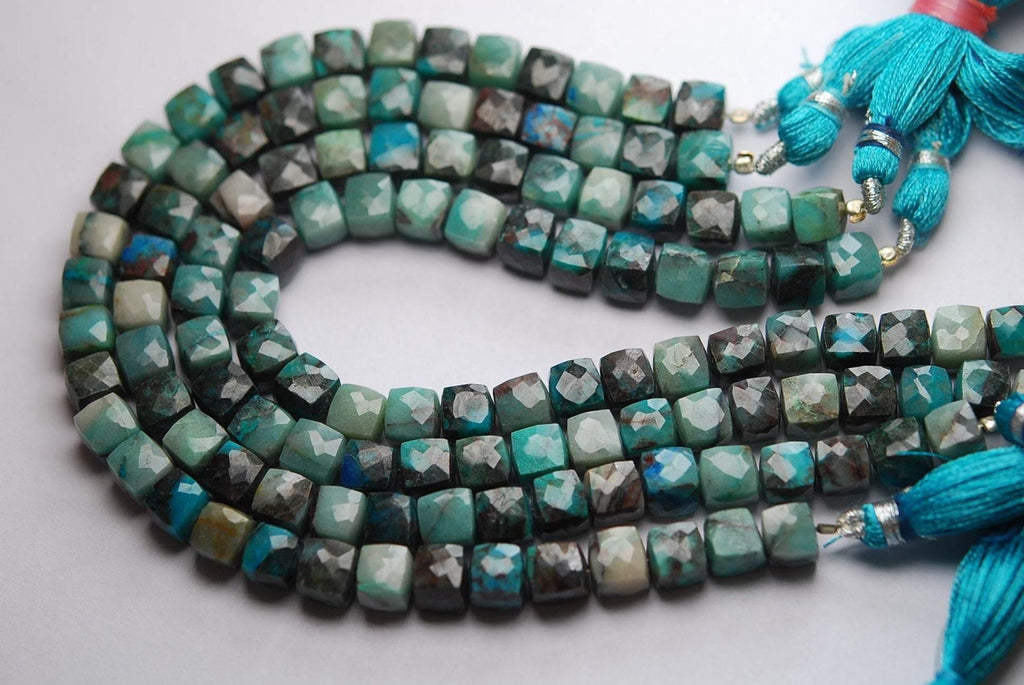 8 Inch Strand, Natural Chrysocolla Faceted 3D Box Shape, 7-7.5mm Size - Jalvi & Co.