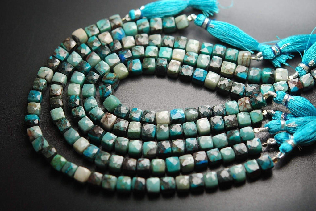 8 Inch Strand, Natural Chrysocolla Faceted 3D Box Shape, 7-7.5mm Size - Jalvi & Co.