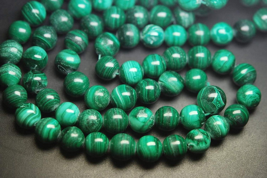 8 Inch Strand, Natural Quality Malachite Smooth Round Beads Size 10-11mm - Jalvi & Co.