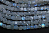 8 Inch Strand Super Finest Super Rare Blue Flashy Rainbow Moonstone Faceted 3D Box Shape Briolette's, 6-7mm Size,