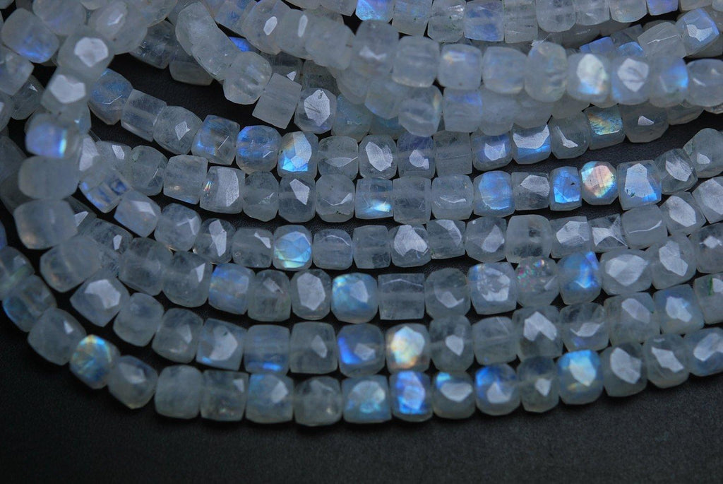 8 Inch Strand Super Finest Super Rare Blue Flashy Rainbow Moonstone Faceted 3D Box Shape Briolette's, 6-7mm Size, - Jalvi & Co.