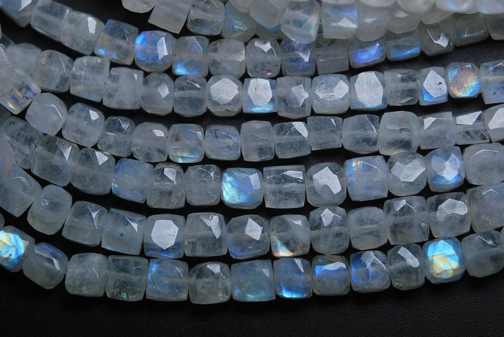 8 Inch Strand Super Finest Super Rare Blue Flashy Rainbow Moonstone Faceted 3D Box Shape Briolette's, 6-7mm Size, - Jalvi & Co.