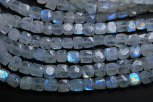 Load image into Gallery viewer, 8 Inch Strand Super Finest Super Rare Blue Flashy Rainbow Moonstone Faceted 3D Box Shape Briolette&#39;s, 6-7mm Size, - Jalvi &amp; Co.