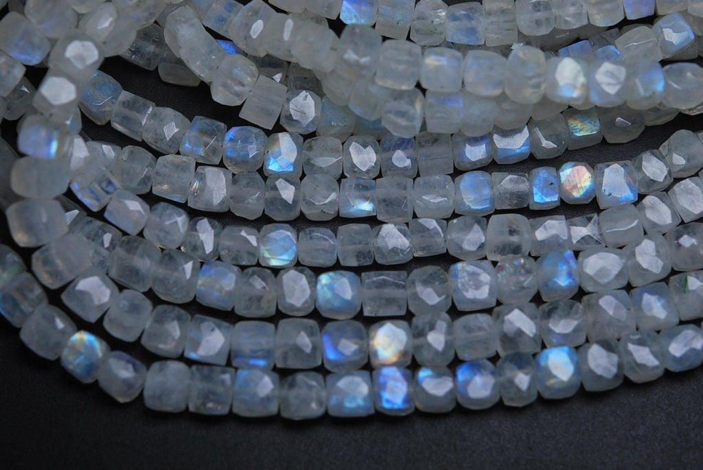 8 Inch Strand Super Finest Super Rare Blue Flashy Rainbow Moonstone Faceted 3D Box Shape Briolette's, 6-7mm Size, - Jalvi & Co.