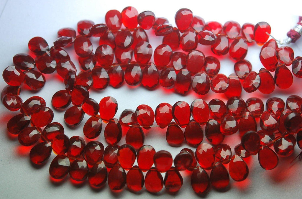 8 Inch Strand Superb-Finest Quality Natural Dyed Ruby Red Quartz Faceted Pear Shape Briolettes, 7X10mm Size, - Jalvi & Co.