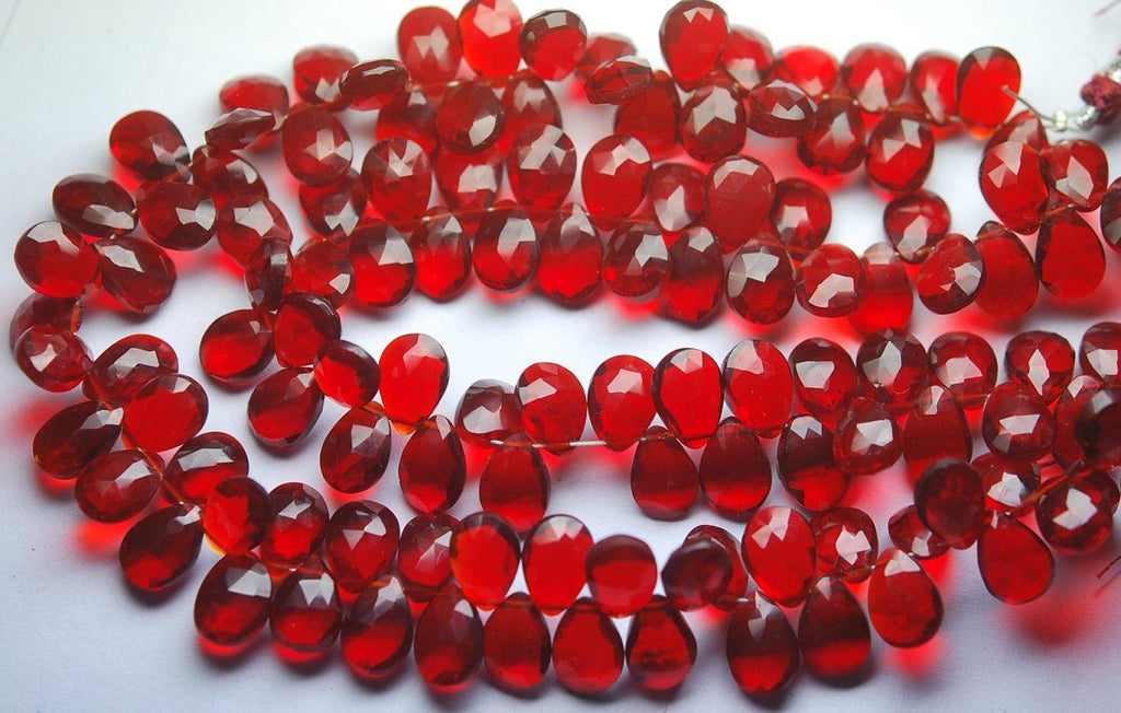 8 Inch Strand Superb-Finest Quality Natural Dyed Ruby Red Quartz Faceted Pear Shape Briolettes, 7X10mm Size, - Jalvi & Co.