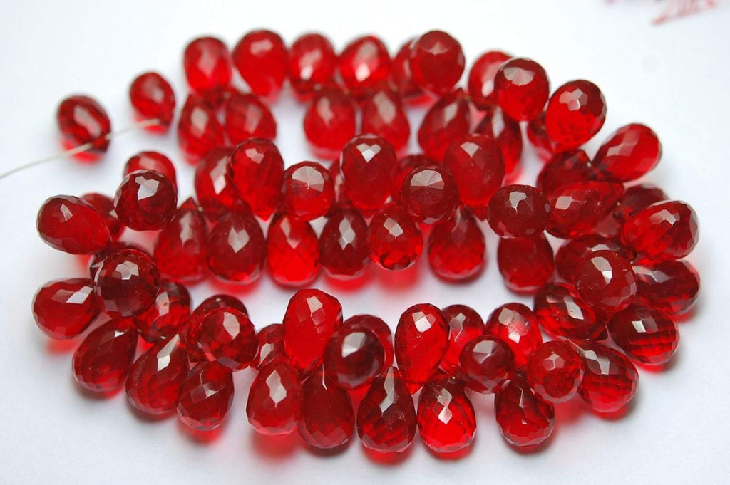 8 Inch Strand,Ruby Red Quartz Faceted Drops Shape Briolette, 7-8mm - Jalvi & Co.