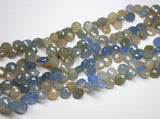 8 inches, 10-10.5mm, Natural Blue Grey Chalcedony Faceted Heart Drop Briolette Beads, Chalcedony Beads