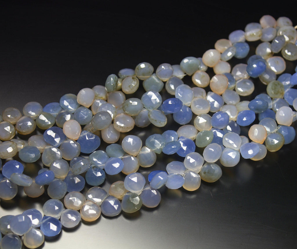 8 inches, 10-10.5mm, Natural Blue Grey Chalcedony Faceted Heart Drop Briolette Beads, Chalcedony Beads - Jalvi & Co.