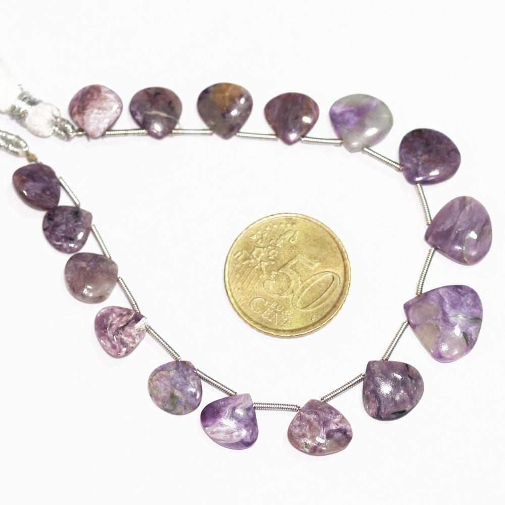 8 inches, 11-15mm, Natural Purple Charoite Smooth Polished Heart Drops Briolette - Jalvi & Co.