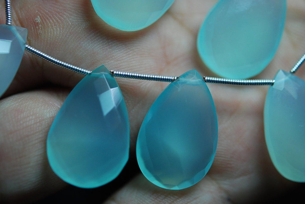 8 Inches, 11 Beads, Aaa Aqua Chalcedony Faceted Pear Briolettes 25mm Large Size Calibrated Size - Jalvi & Co.