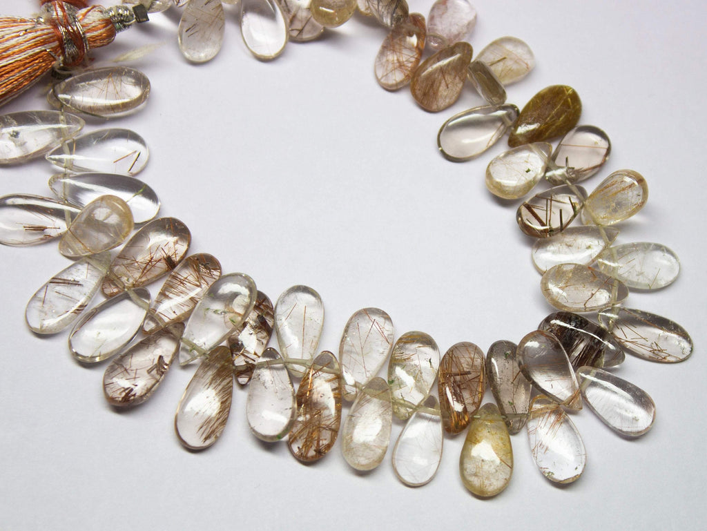 8 inches, 12-13mm, Natural Rutile Quartz Smooth Pear Shape Briolette Gemstone Beads - Jalvi & Co.