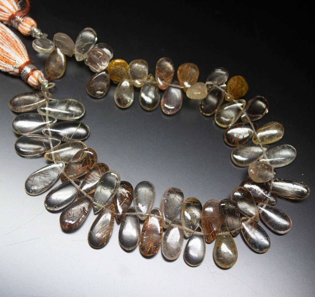 8 inches, 12-13mm, Natural Rutile Quartz Smooth Pear Shape Briolette Gemstone Beads - Jalvi & Co.