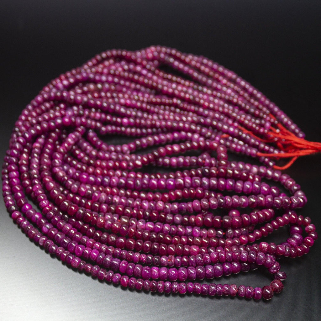 8 inches, 3-4mm, Natural Ruby Smooth Rondelle Loose Gemstone Beads, Natural Ruby, Natural Plain Beads, Ruby Beads - Jalvi & Co.