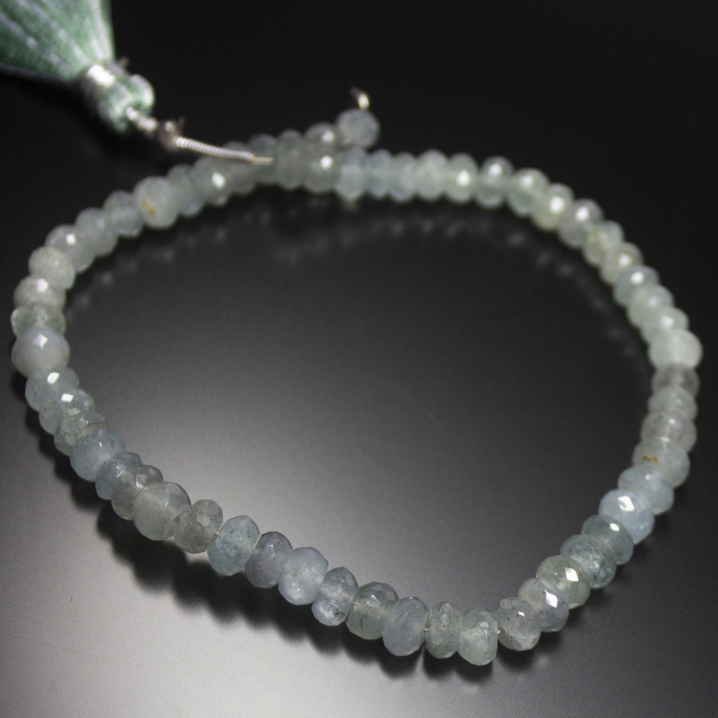 8 inches, 5mm, Natural Moss Aquamarine Faceted Rondelle Loose Gemstone Beads - Jalvi & Co.