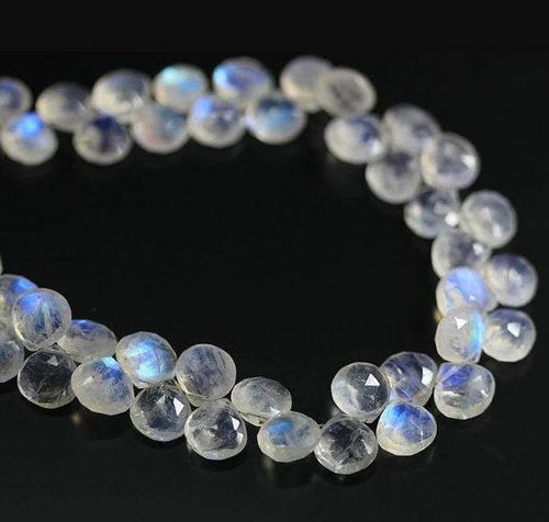 8 inches, 5mm, Natural Rainbow Moonstone Faceted Heart Drops Briolette Gemstone Beads - Jalvi & Co.