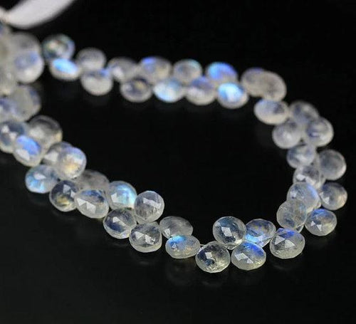 8 inches, 5mm, Natural Rainbow Moonstone Faceted Heart Drops Briolette Gemstone Beads - Jalvi & Co.