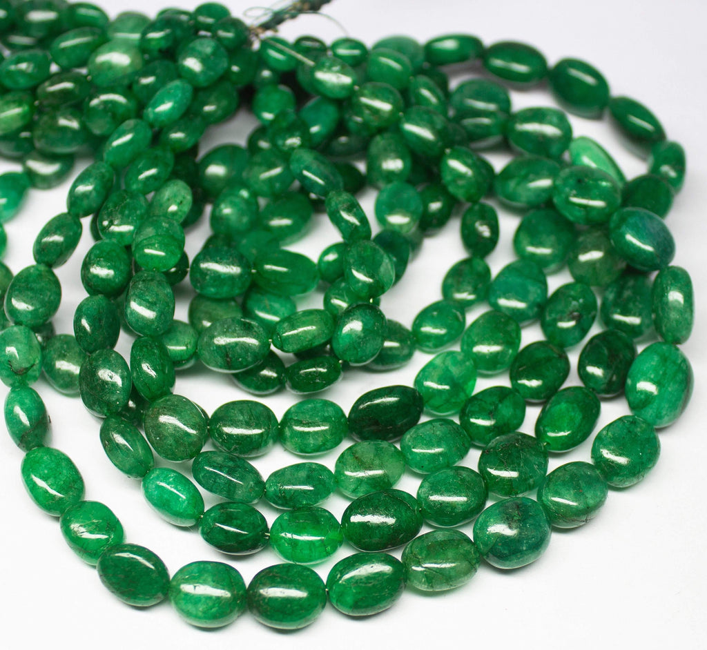 8 inches, 7-12mm, Natural Green Emerald Smooth Oval Briolette Beads Strand, Emerald Beads - Jalvi & Co.