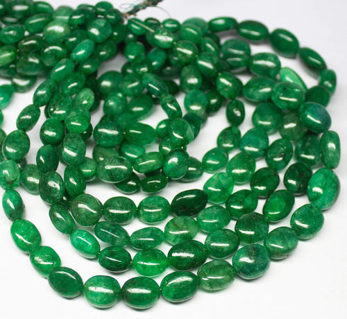 8 inches, 7-12mm, Natural Green Emerald Smooth Oval Briolette Beads Strand, Emerald Beads - Jalvi & Co.