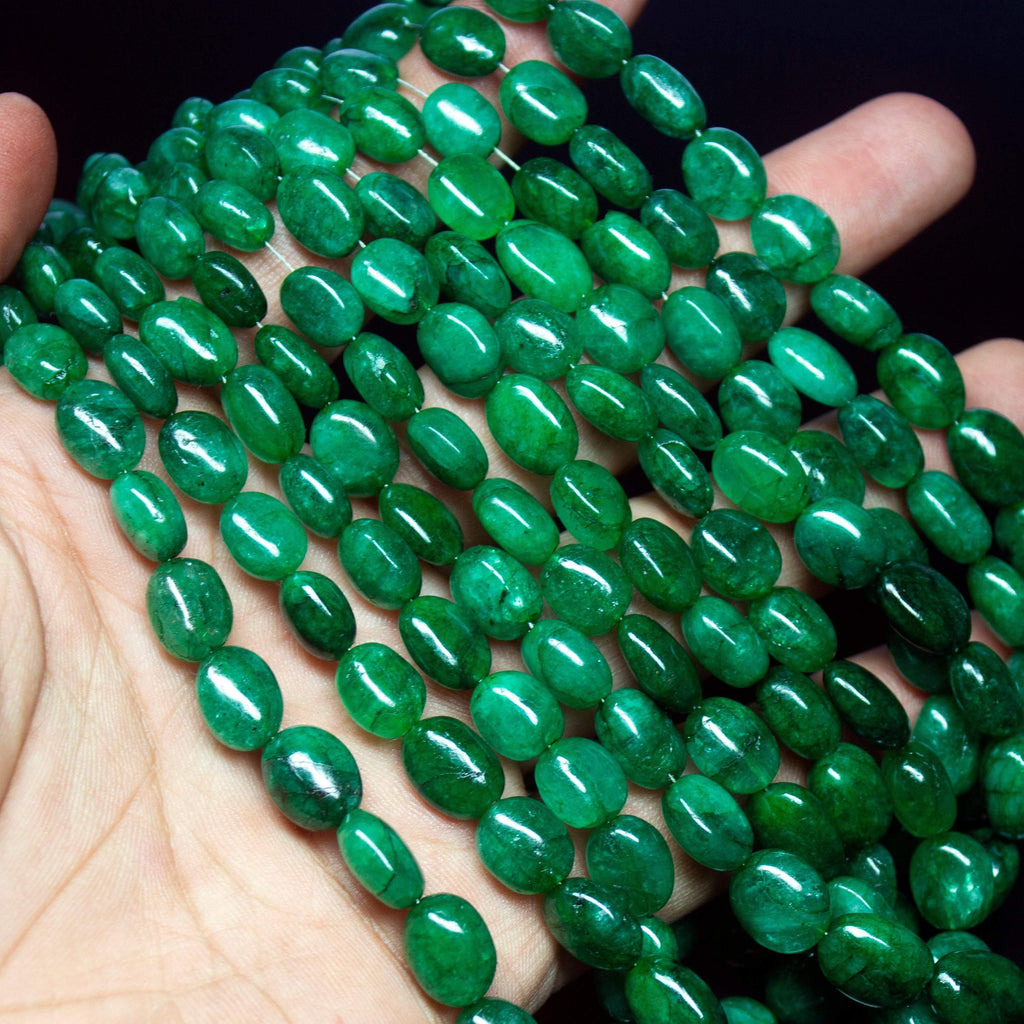 8 inches, 7-12mm, Natural Green Emerald Smooth Oval Briolette Beads Strand, Emerald Beads - Jalvi & Co.