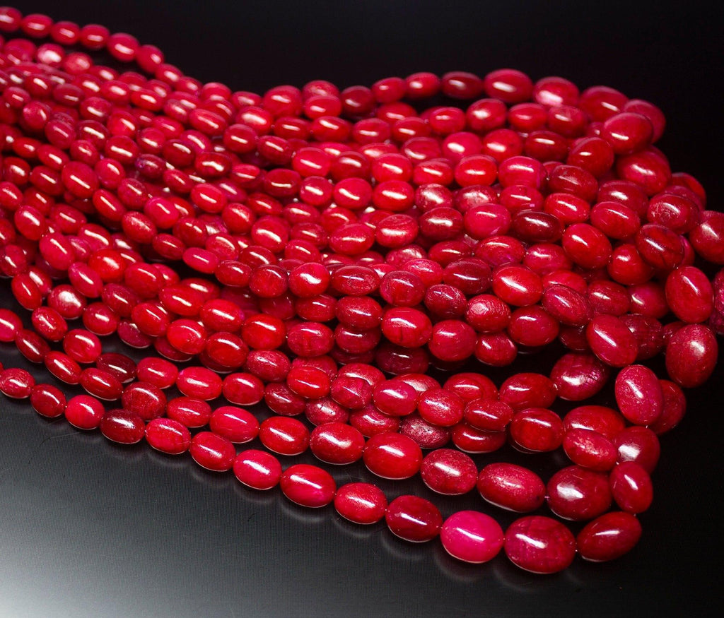 8 inches, 7-14mm, Natural Blood Red Ruby Smooth Oval Briolette Beads Strand, Ruby Beads - Jalvi & Co.