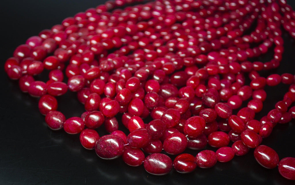 8 inches, 7-14mm, Natural Blood Red Ruby Smooth Oval Briolette Beads Strand, Ruby Beads - Jalvi & Co.