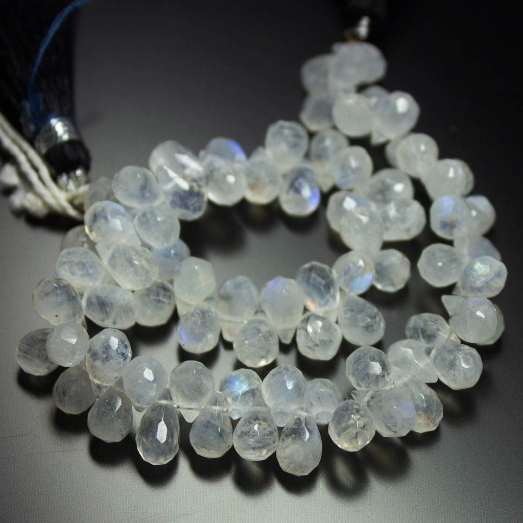 8 inches, 7-8mm, Natural Rainbow Moonstone Faceted Tear Drop Briolette Loose Gemstone Beads - Jalvi & Co.