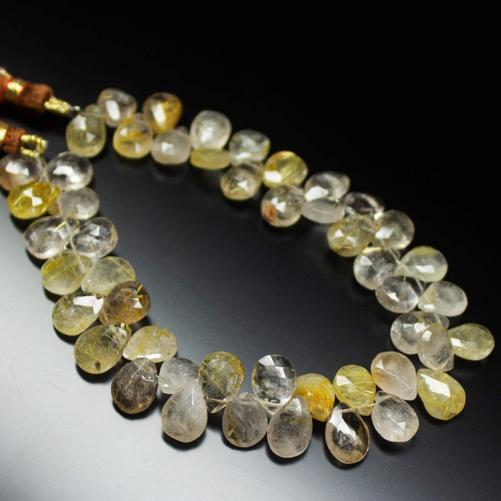 8 inches, 8-10mm, Golden Rutile Faceted Pear Drops Briolette Loose Gemstone Beads - Jalvi & Co.