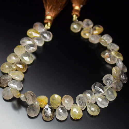 8 inches, 8-10mm, Golden Rutile Faceted Pear Drops Briolette Loose Gemstone Beads - Jalvi & Co.