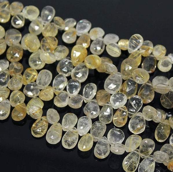 8 inches, 8-10mm, Golden Rutile Faceted Pear Drops Briolette Loose Gemstone Beads - Jalvi & Co.