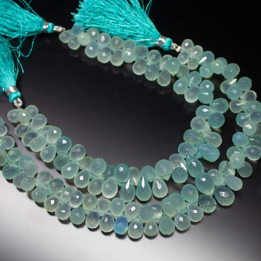 8 inches, 8mm, Aqua Blue Chalcedony Faceted Tear Drop Briolette Loose Gemstone Beads - Jalvi & Co.